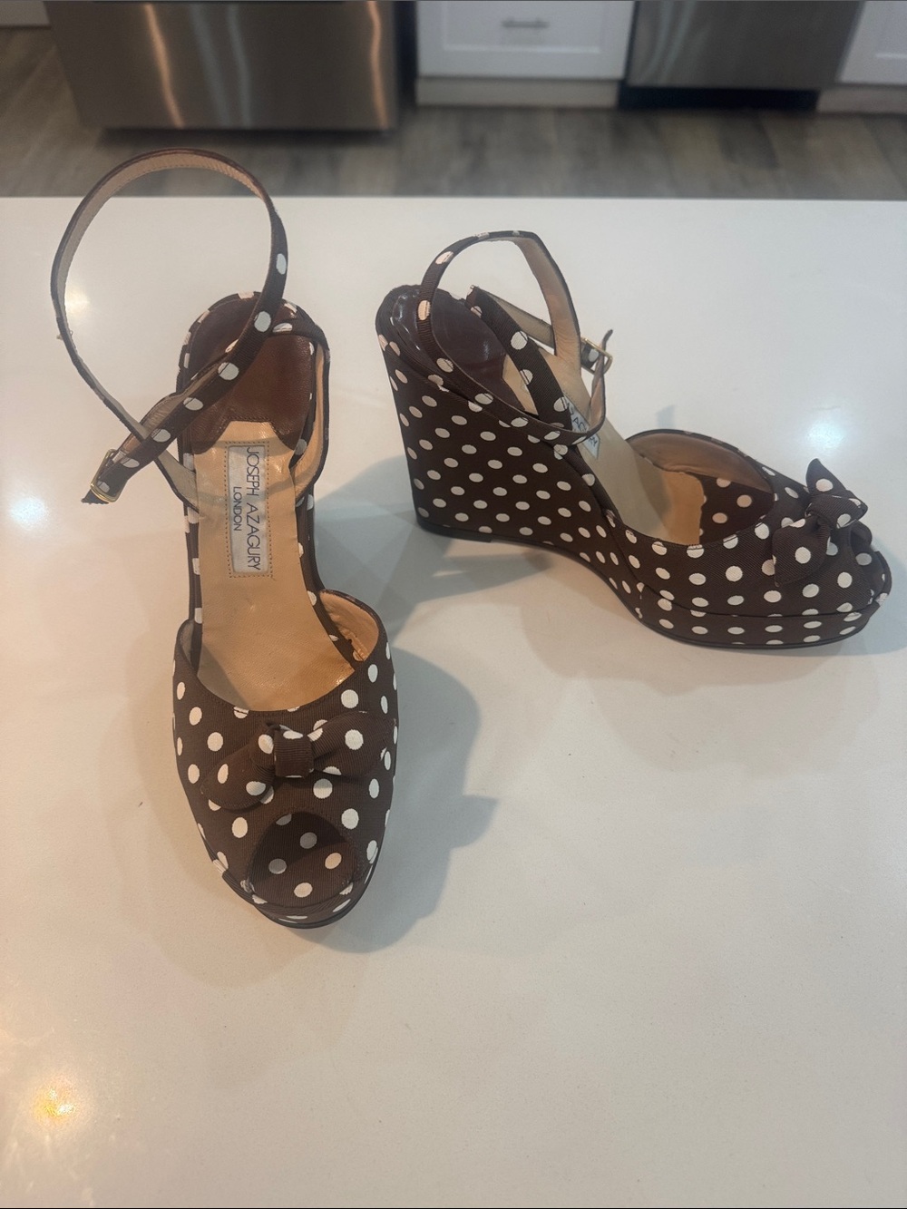 Joseph A Brown and White Polka Dot Wedge Sandals with Ankle Strap
